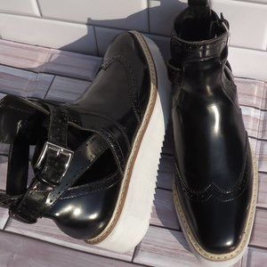 SIZE EU 37. ZARA BASIC wedge cut-out ankle booties buckle wingtip black.